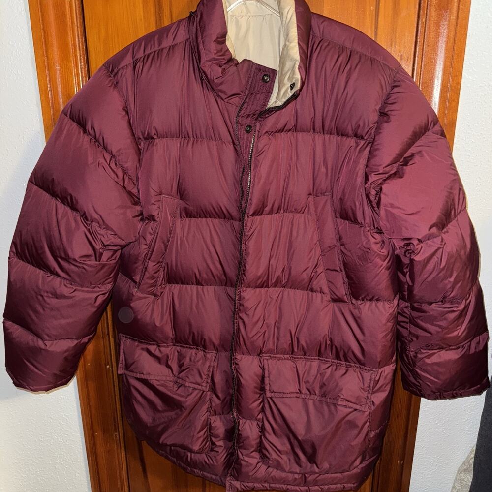 Lands End Mens L 42 44 Goose Down Puffer Coat Reversible Burgundy Tan NO Hood